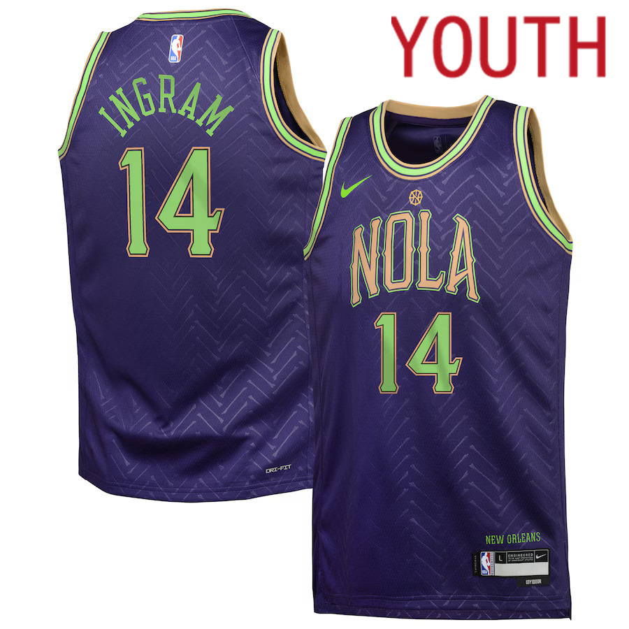 Youth New Orleans Pelicans 14 Brandon Ingram Nike Purple City Edition 2024-25 Swingman Player NBA Jersey